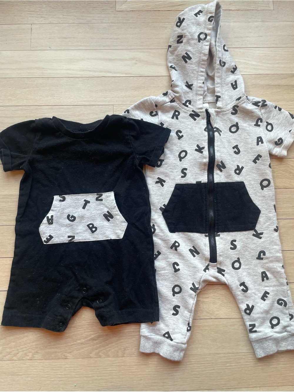 Petit Lem Black and Gray Alphabet Romper Bundle